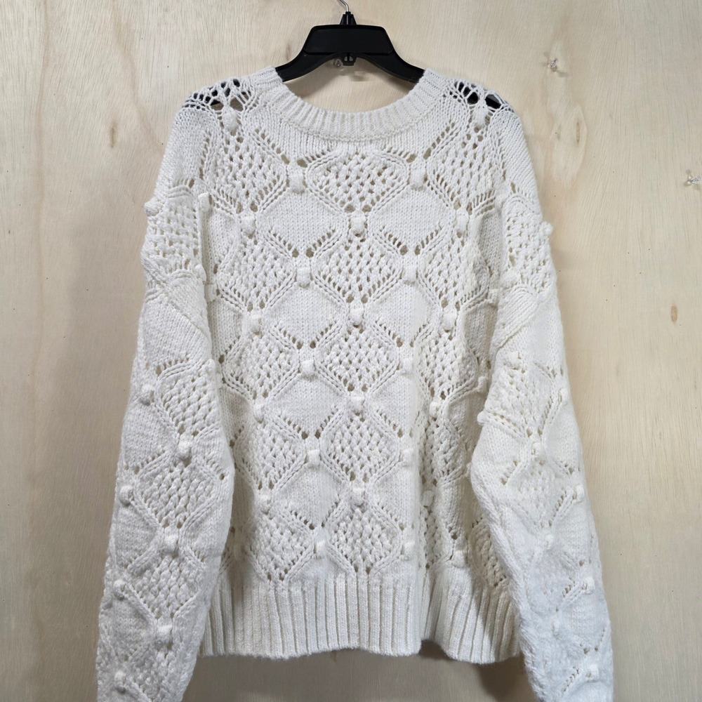 Lucky Brand Womens XL Cream White Pointelle Bobble Knit Diamond Sweater Pullover